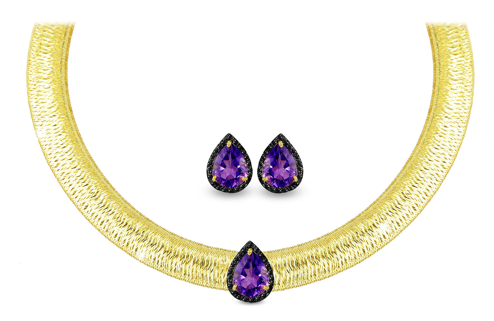 Vera Perla 18K Gold 0.36ct  Black Diamonds, Amethyst Jewelry Set - 2 pcs.